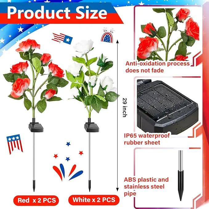 Woanger 4 Pcs Solar Flowers Cemetery Grave Decorations Outdoor LED Flower Lights with 6 Rose Powered Garden Stake Lights Waterproof for Independence Day Grave Decorations(Red, White) by GreenHaven Gardens