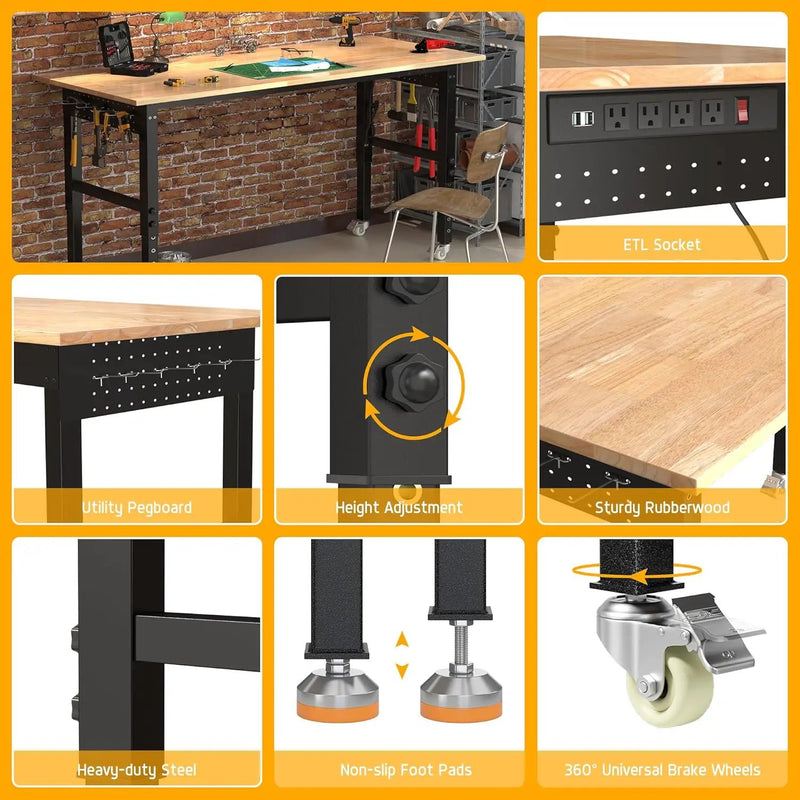 70’’ Work Bench Adjustable Workbench Heavy Duty Work Table with Power outlets, Pegboard, Wheels and Foot Pads, 2000 Lbs Capacity Hardwood Work Benches for Garage, Workshop, Office, Home by GreenHaven Gardens