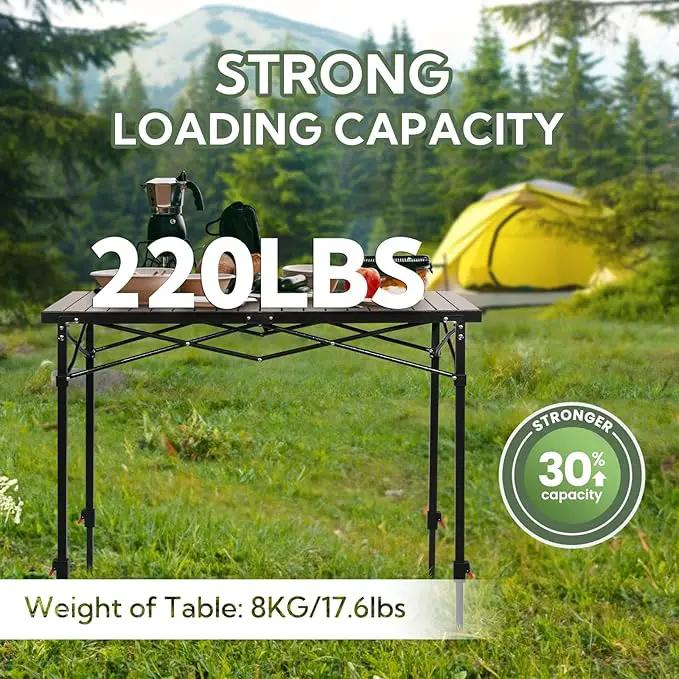 Portable Outdoor Adjustable Height Camping Table, Large for 2-6 Person, Foldable Roll-up Aluminum Camp Table with Carry Bag for Picnic, Camp, Sturdy, Stable, Loads 220 Lbs by GreenHaven Gardens