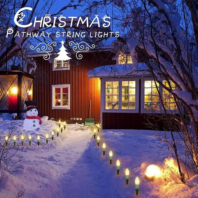 C9 Christmas Lights Outdoor, 4 Packs Total 102.8 Ft 80 Bulbs Christmas Pathway Lights, Waterproof Walkway Lights for Outside Driveway Sidewalk Outdoor Christmas Decorations Yard, Clear by GreenHaven Gardens