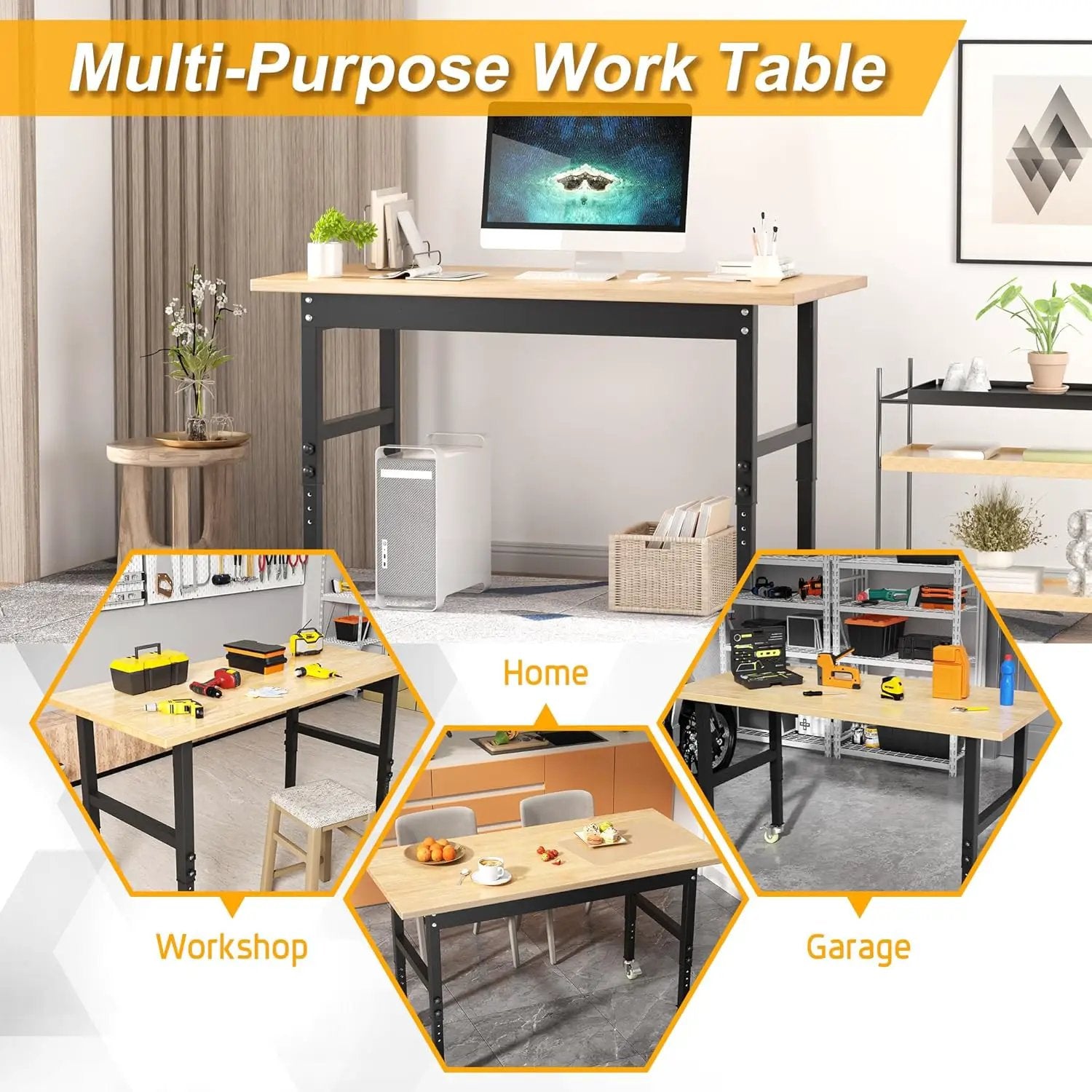 48’’ Work Bench Adjustable Workbench Heavy Duty Work Table with Wheels, 2000 Lbs Capacity Hardwood Work Benches for Garage, Workshop, Office, Home by GreenHaven Gardens
