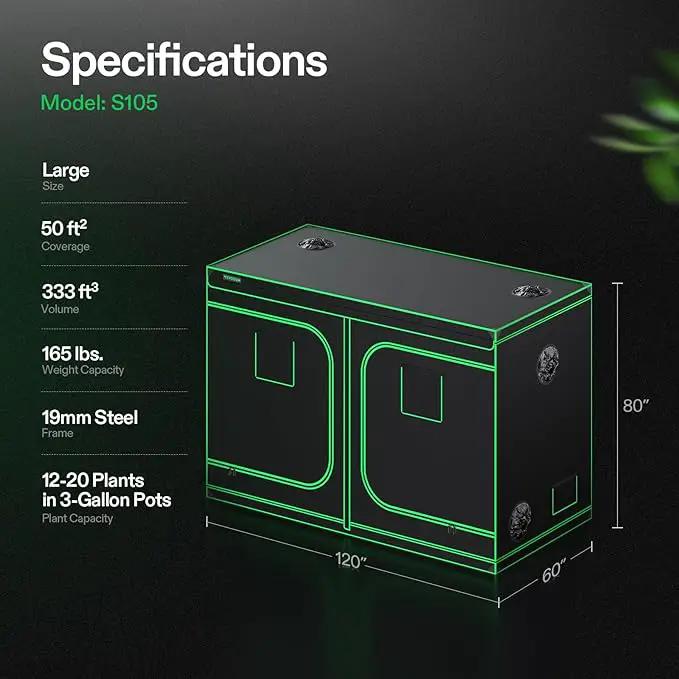 VIVOSUN S105 10x5 Grow Tent, 120"x60"x80" High Reflective Mylar with Observation Window and Floor Tray for Hydroponics Indoor Plant for VSF6450 by GreenHaven Gardens