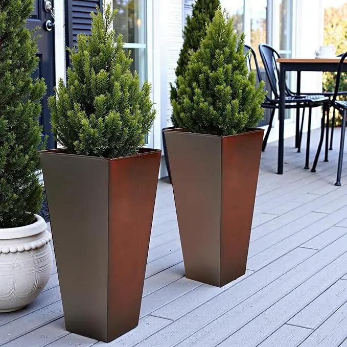 WORTH Garden Large Metal Glazed Planter Set of 2 (25" + 28"), Luxurious Glossy Finish Red Tall Square Tapered Steel Plant Pot, Decor Flower Pot Indoor & Outdoor, Drainage Hole & Dual-Purpose Saucer by GreenHaven Gardens