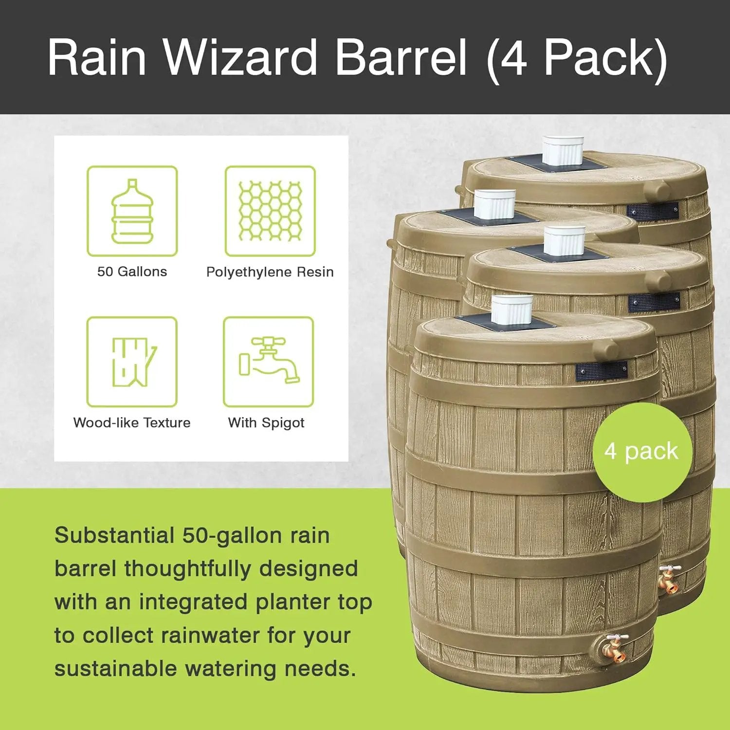 Good Ideas Rain Wizard 50 Gallon Plastic Outdoor Home Rain Barrel Water Storage Collector with Brass Spigot and Flat Back Design, Khaki (4 Pack) by GreenHaven Gardens