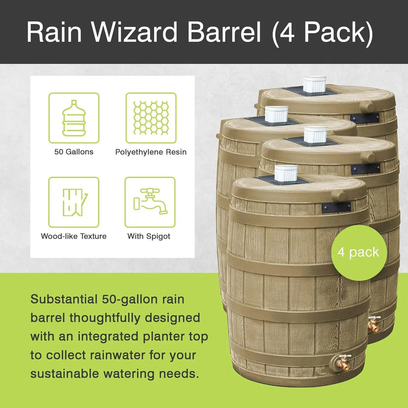 Good Ideas Rain Wizard 50 Gallon Plastic Outdoor Home Rain Barrel Water Storage Collector with Brass Spigot and Flat Back Design, Khaki (4 Pack) by GreenHaven Gardens
