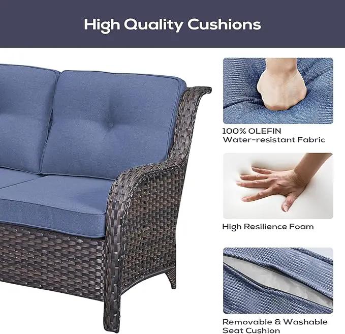 Outdoor Sectional Furniture Sofa Set with Propane Fire Pit Table, Wicker Patio Conversation Set with 2 Swivel Rocker Glider Chairs Blue Cushion Perfect for Backyard Casual Gathering by GreenHaven Gardens