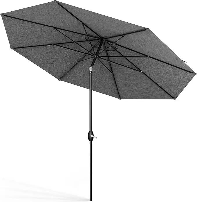 Midtown Umbrellas Sunbrella Umbrella 8 Feet Outdoor Umbrella With Sunbrella Cast Slate Acrylic Fabric - Auto-Tilt Aluminum Frame Patio Umbrella For Backyard, Deck, Garden, Pool - Black Pole by GreenHaven Gardens