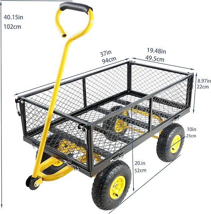 Steel Garden Cart 400 lbs Capacity with Removable Steel Mesh Sides to Convert into Flatbed, Utility Metal Wagon 180°Rotating Handle Multi-Purpose by GreenHaven Gardens