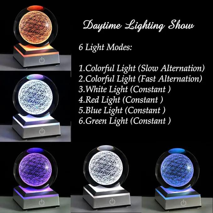 Qianwei Flower of Life Crystal Sphere with Led Colorful Lighting Touch Base, Sacred Geometry Crystal Ball Starlight Magic, Feng Shui Decor Laser Engraved Seek of Flower Inside A Sphere by GreenHaven Gardens