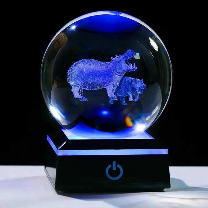Qianwei Hippopotamus Gifts for Women 3D Crystal Ball 3.14'' - Laser Hippopotamus Decor Glass Animals Hippo Gifts Figurines Statue Stuff for Room Decorations Hippo Night Light by GreenHaven Gardens