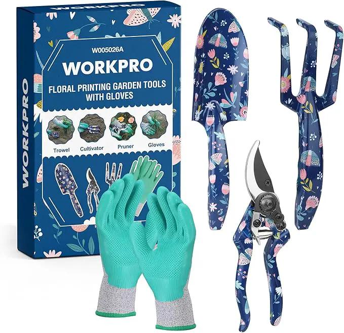 WORKPRO Aluminum Garden Tool Set, 4PCS Heavy Duty Hand Garden Tools with Box Include Trowel, Rake, Pruner, Garden Gloves, Floral and Insect Printing, Garden Gifts by GreenHaven Gardens