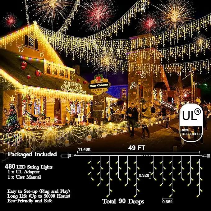 480 LED 49FT Christmas Lights Plug in 8 Modes with Timer Dimmable Christmas Decorations Outdoor Waterproof Indoor Curtain String Lights for Roof Garden Holiday Wedding Party Decor Warm White by GreenHaven Gardens