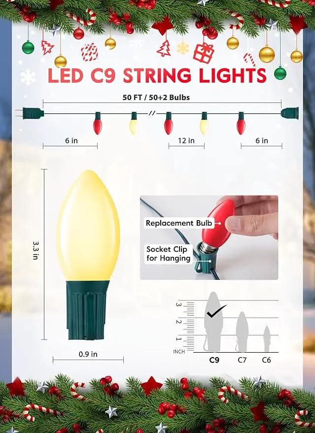 Vintage C9 LED Christmas Lights Outdoor, 50 Feet C9 String Lights with 50 Shatterproof Matte Bulbs, Connectable Waterproof Lights for Holiday Party Roofline Backyard Garden Patio, R & Warm White by GreenHaven Gardens
