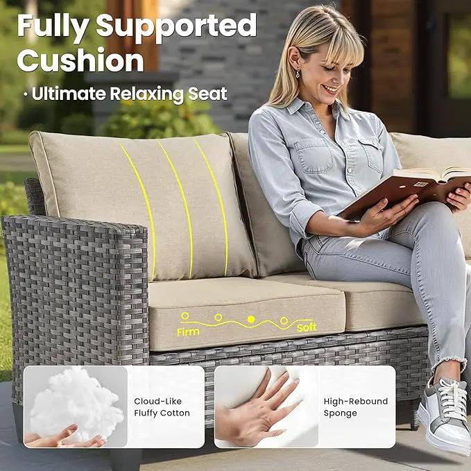 ovios 6 Pieces Patio Furniture Set with 42" Fire Pit Table, Outdoor Wicker Sofa with Comfy Cushions, All Weather High Back Rattan Couch Conversation Set, Beige by GreenHaven Gardens