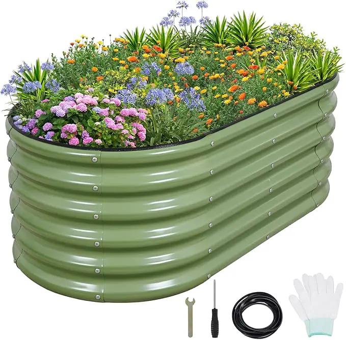 1MORE Galvanized Raised Garden Bed- Planter Garden Boxes Outdoor, Raised Beds for Gardening, 4x2x1.4ft Metal Garden Bed Kit for Vegetables Flower, Planter Raised Bed with Protective Tape & Tools.Green by GreenHaven Gardens