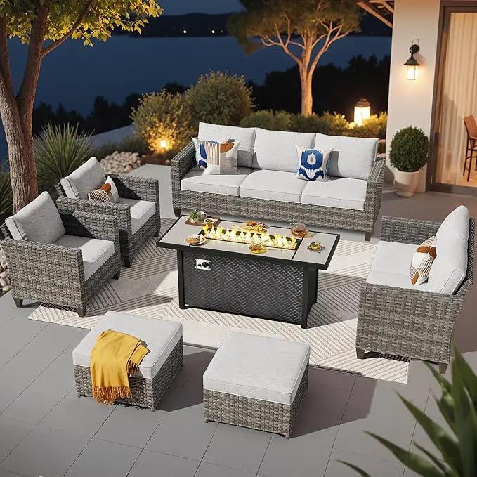 ovios 7 Pieces Patio Furniture Set with 54" Fire Pit Table, Outdoor Wicker Sofa with Comfy Cushions, All Weather High Back Rattan Couch Conversation Set, Grey by GreenHaven Gardens