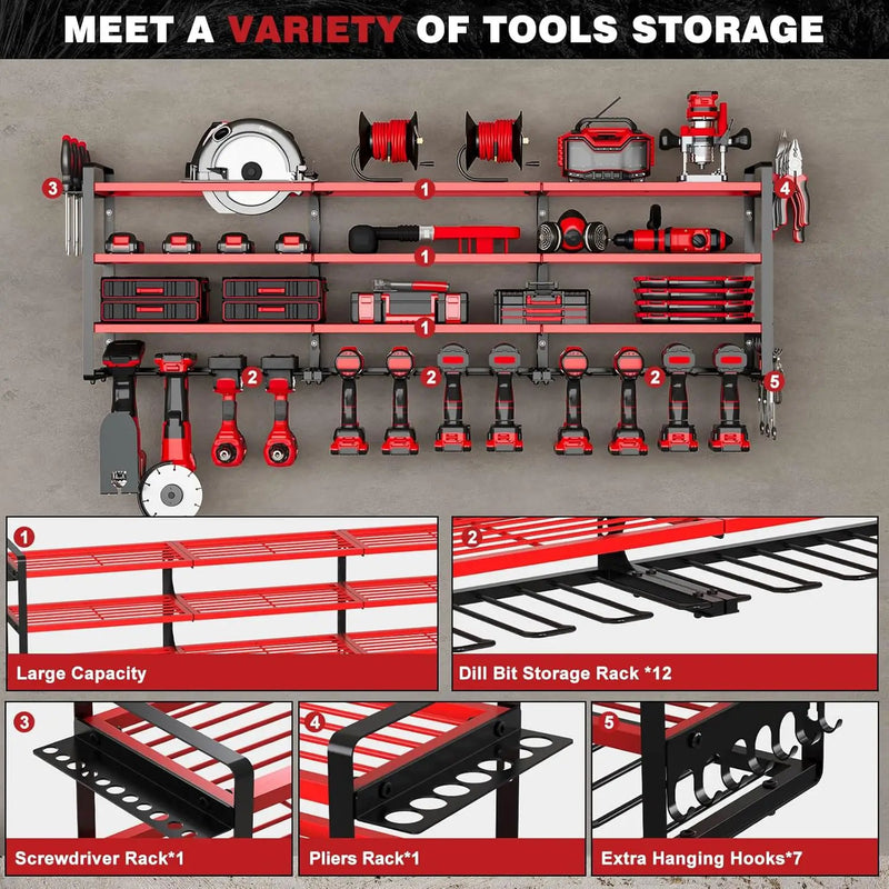48" Large Power Tools Organizer Wall Mount,12 Drill Holder for Garage, Workshop Heavy Duty Storage Rack (Red) by GreenHaven Gardens