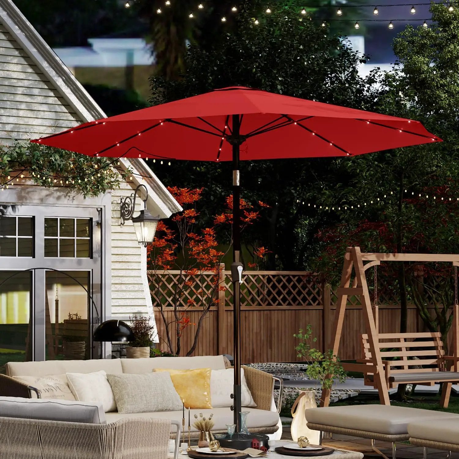 10FT Solar Umbrella 32 LED Lighted Patio Umbrella Table Market Umbrella w/Tilt and Crank, UV-Resistant Outdoor Umbrella for Pool, Garden, Deck, Red by GreenHaven Gardens