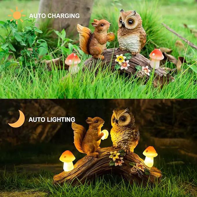 Solar Owl Garden Statues Outdoor Decor Resin Owl Squirrel Figurine with Mushroom Lights for Patio Lawn Yard Decorations Christmas Housewarming Gardening Gifts for Women Mom by GreenHaven Gardens