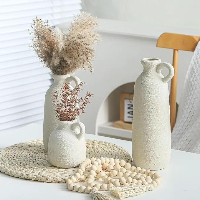 Ceramic Vase Set of 3 with Handle, Neutral Rustic Vases Home Decor Farmhouse Decorative Vase Whitewashed Pottery Decor Modern for Table Mantel Entryway Bookshelf Living Room Kitchen Bedroom - White by GreenHaven Gardens