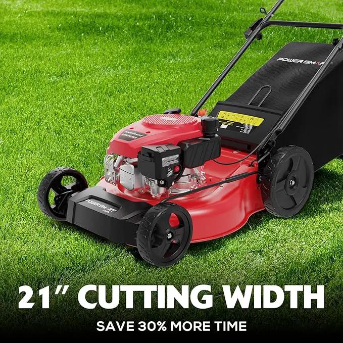 PowerSmart 21-inch Gas Push Lawn Mower, 144cc 4-Stroke Engine with Easy Adjustable Cutting Height, High Wheels, 2-in-1 with Mulch, Bag by GreenHaven Gardens