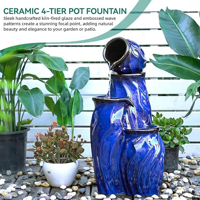 29" Tall Ceramic Water Fountain Outdoor with LED Lights, 4-Tier Cascading Waterfall Garden Fountain, Ideal for Serene Relaxing Patio, Yard or Porch, Cobalt Blue Glaze, Dynamic Wave-Texture by GreenHaven Gardens