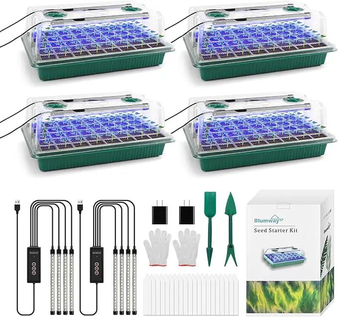 BlumWay Seed Starter Tray with Grow Light,4 Pack 160 Cells Seedling Tray with Humidity Dome/Indoor Grow Kit for Deep-Rooted Seedlings,Adjustable/Timed Light Plant Starter Set by GreenHaven Gardens