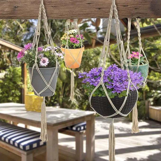 Sorbus Macrame Plant Hanger [4 Pack] Indoor Outdoor Hanging Plant Pots Cotton Rope, Elegant for Home, Patio, Garden White by GreenHaven Gardens