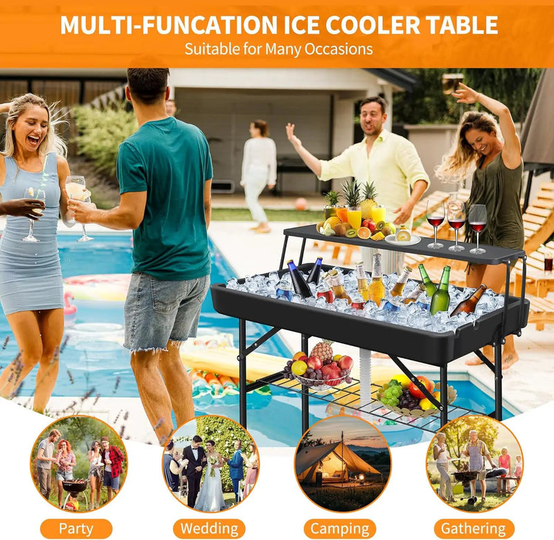 Portable Folding Ice Cooler Table - Two-Tier Outdoor Cooler Table with Removable Matching Skirt and Shelf, Ice Tables for Party, Camping, Picnic, Foldable Self-Serving Beverage Cooling Bar(Black) by GreenHaven Gardens