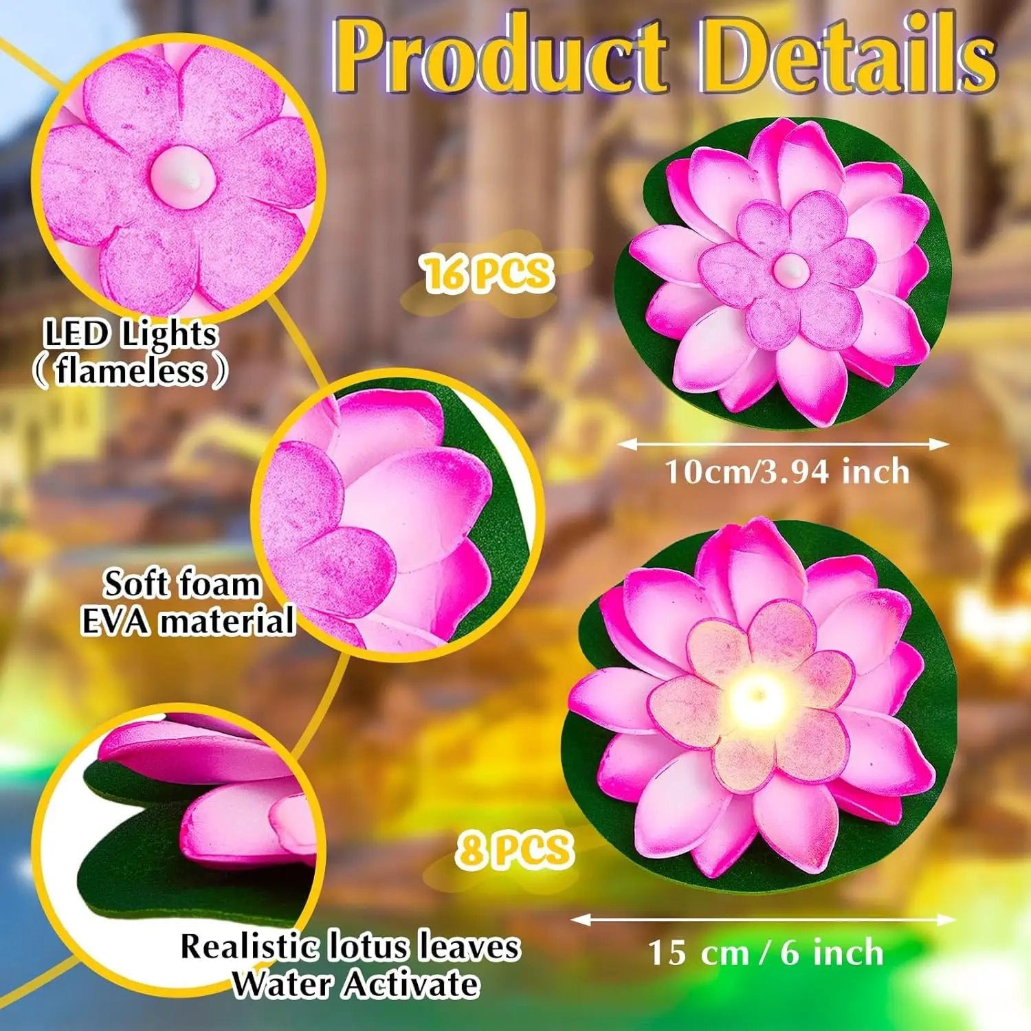 Liliful 24 Pcs Diwali Lotus Decoration Pool Floating Lights, Artificial Flowers Lotus with LED,Lily Pads Water Lantern for Indian Puja Home Decoration(3.94 Inch, 5.91 Inch,Pink) by GreenHaven Gardens