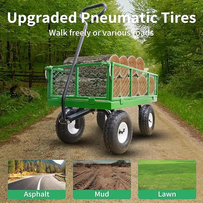 AAIN 600 lbs Metal Garden Cart,Heavy Duty Garden Wagon with Removable Steel Mesh Sides, Utility Yard Cart with 180° Rotating Handle and 10-inch Wheels—Perfect for Gardens, Farms, and Yards, Green by GreenHaven Gardens