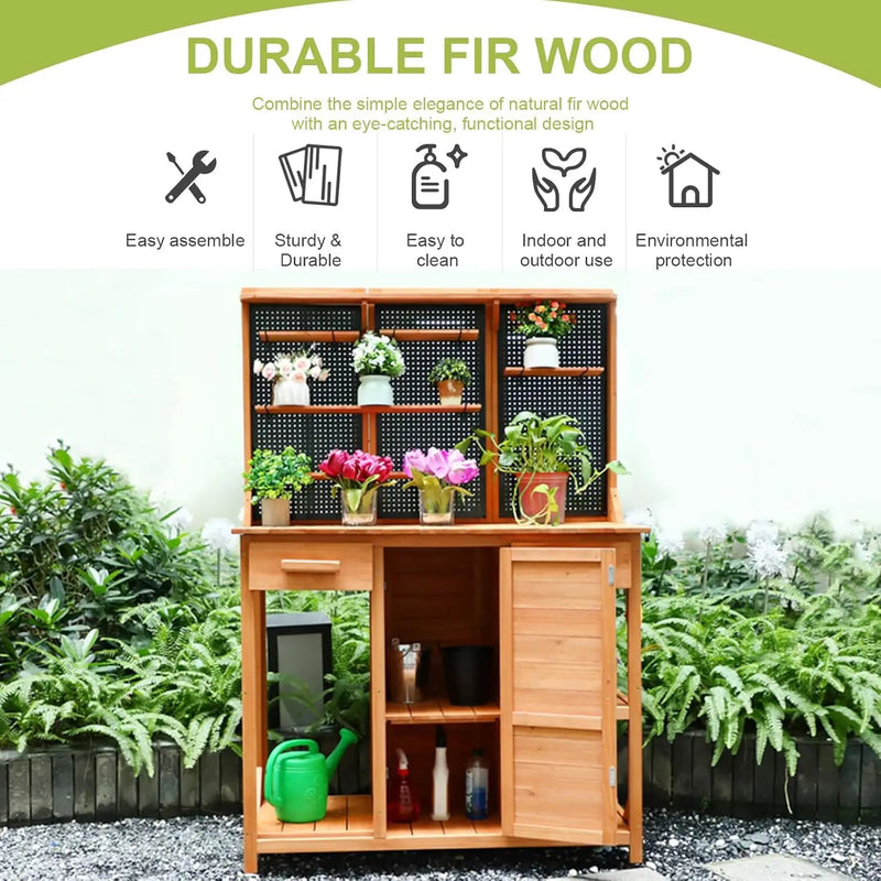 Outdoor Garden Potting Bench, Horticultural Wooden Workstation Table with Storage Drawer, Cabinet, Metal Pegboard, Adjustable Hooks and Shelves for Backyard, Patio, Greenhouse by GreenHaven Gardens