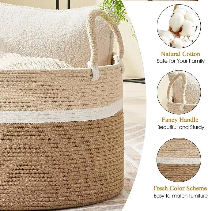 KAKAMAY Large Blanket Basket (20"x13"),Woven Baskets for storage Baby Laundry Hamper, Cotton Rope Blanket Basket for Living Room, Laundry, Nursery, Pillows, Baby Toy chest (White and Brown) by GreenHaven Gardens
