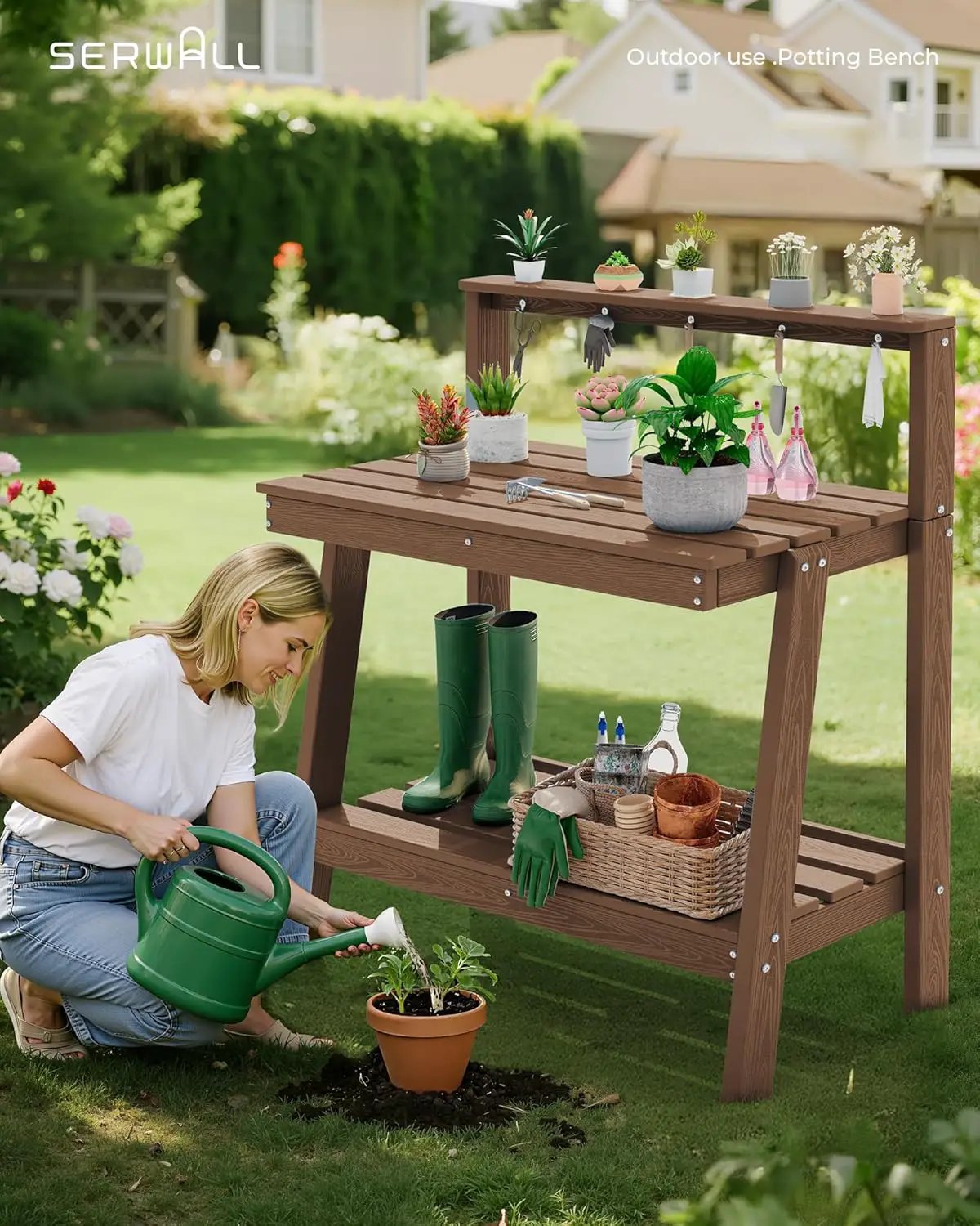 SERWALL Potting Bench Outdoor with Storage, 3-Tier HDPE Gardening Table with Angled Legs & Tool Hooks, All-Weather Heavy Duty Potting Table for Patio, Backyard, Garden, Brown by GreenHaven Gardens