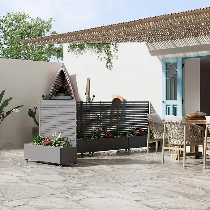 Casaphoria Metal Raised Garden Bed with Trellis and Wheels, 47"x47"x16" Planter Box for Climbing Plants, Vegetables & Vines, Features Drainage Holes and Privacy Screen (Grey-Louvered) by GreenHaven Gardens