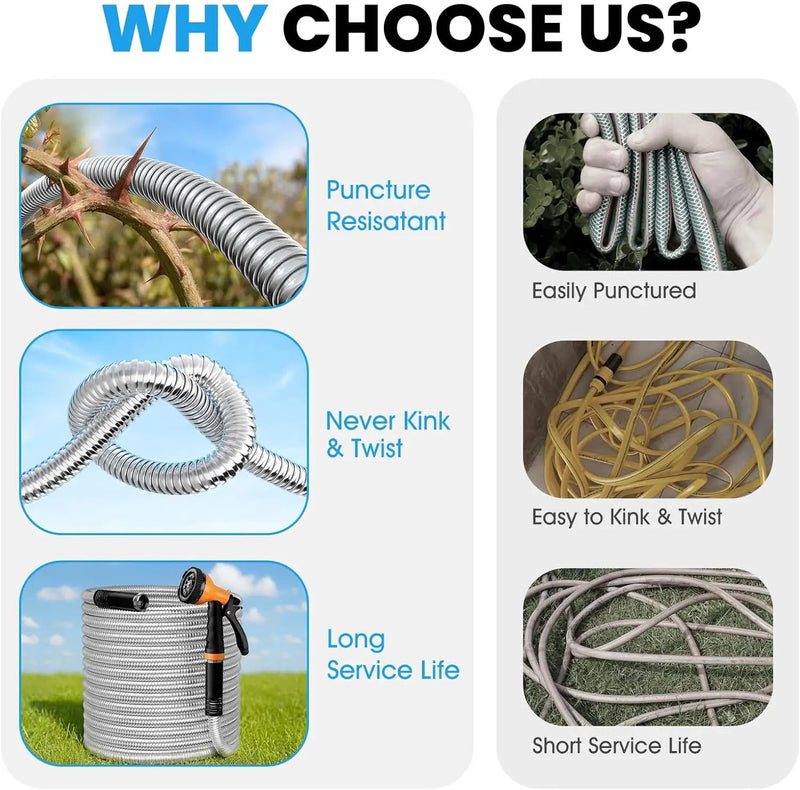 Garden Hose Metal 25 FT, Flexible Stainless Steel Water Hose with 10 Function Nozzle, Kink Free, Lightweight & Durable, Crush Resistant Fitting, Puncture Proof Hose for Yard, Rv, 600 PSI 2025 New by GreenHaven Gardens