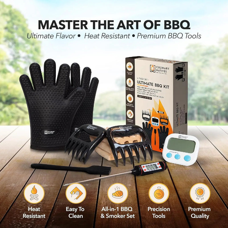 Smoker Gloves, Meat Claws, Thermometer, Timer, Brush | No.1 Heat Resistant BBQ Gloves | Meat Shredder Claws | Silicone Grill Gloves and Pulled Pork Claws with Smoker Accessories Kit & Tools (Black) by GreenHaven Gardens