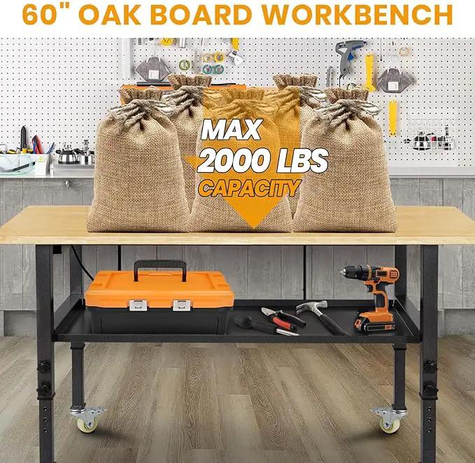 48"/60'' Adjustable Workbench, Rubber Wood Top Work Bench Heavy-Duty Work Table with Power Outlet, Wheels, Partition 2000 LBS Load Capacity Hardwood Work Benches for Garage, Workshop, Home, Office by GreenHaven Gardens