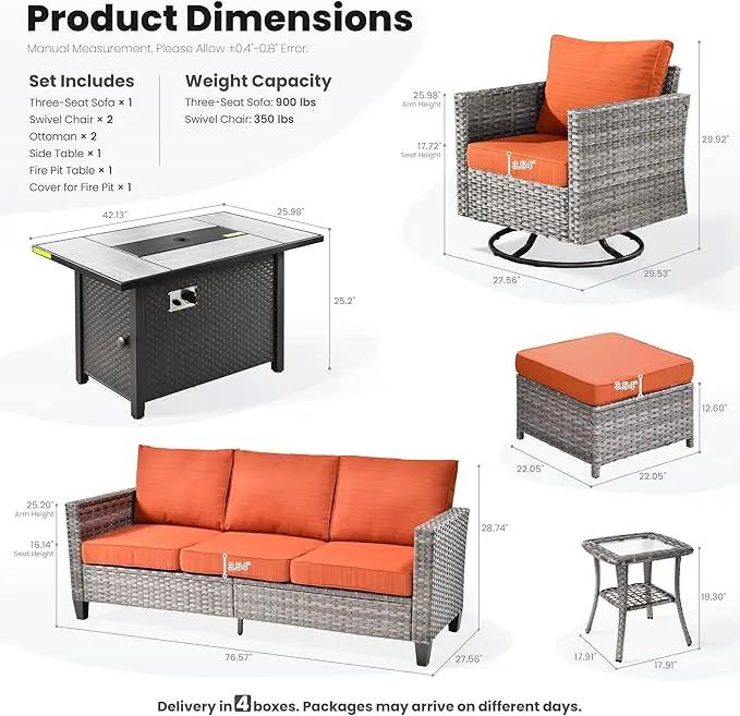 ovios 7 Pieces Patio Furniture Set with 42" Fire Pit Table, Outdoor Wicker Sofa with Swivel Chairs, All Weather High Back Rattan Couch Conversation Set, Orange Red by GreenHaven Gardens