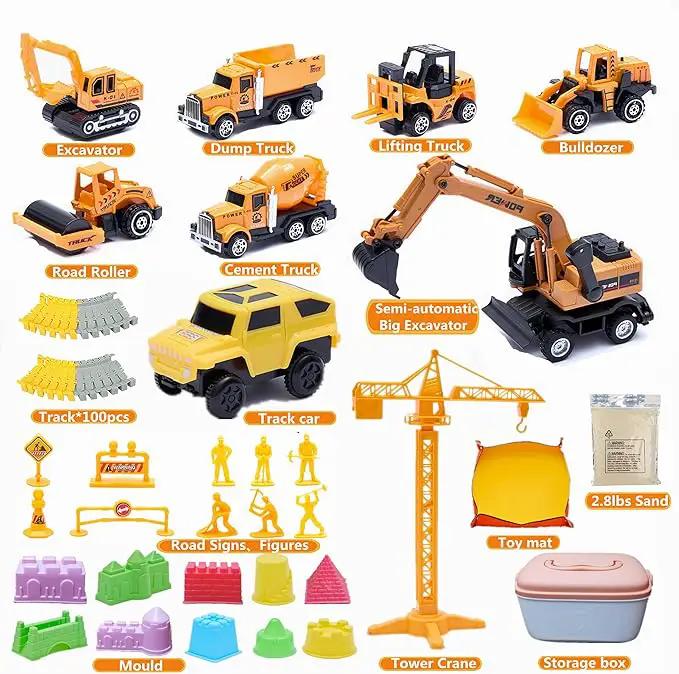 Sand Construction Kit, 2.2lbs Play Sand with Sandbox, 1 Toy Mat 8 Alloy Construction Trucks Race Tracks 10 Sand Molds Sensory Bin Toys for Toddlers Boys Girls Ages 3-8 by GreenHaven Gardens