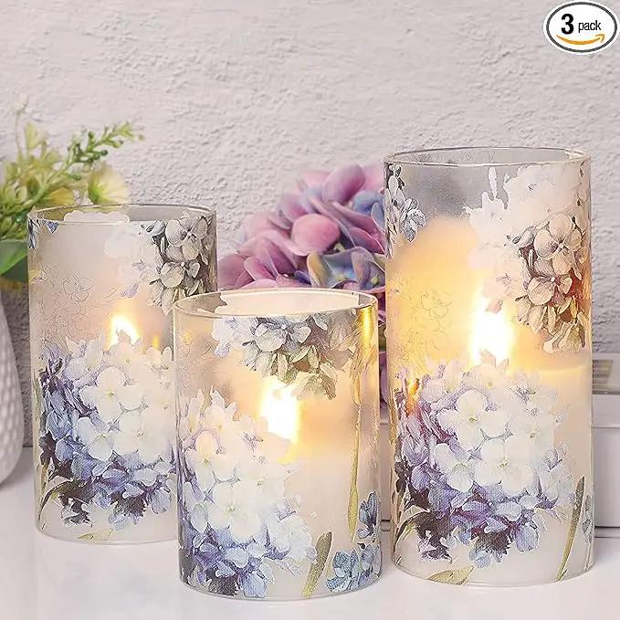 Floral Flameless Candles Decorative Battery Operated with Remote Hydrangea Flowers Romantic Lovers Flickering Pillar Candles for Wedding Tray Centerpiece Home Decor by GreenHaven Gardens