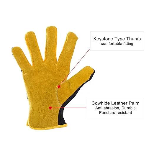 HLDD HANDLANDY Garden Gloves Men, Leather Work Gloves for Men & Women, Cowhide Gardening Gloves Utility Work Gloves for Mechanics, Construction, Driver (XL, Yellow) by GreenHaven Gardens