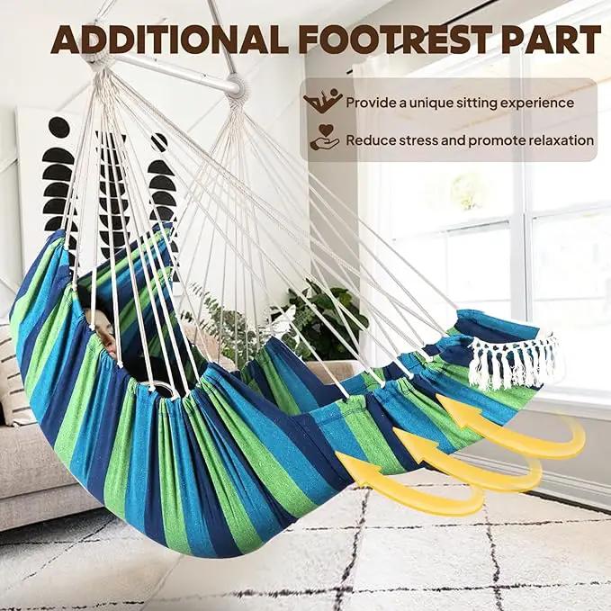 Chihee Hammock Chair Hanging Chair with Foot Rest 2 Cushions Max 500lbs Robust Metal Spreader Bar Collapsible Easy Storage Soft Cotton Swing Chair Strong Strap Iron Carabiner Side Pocket Included by GreenHaven Gardens