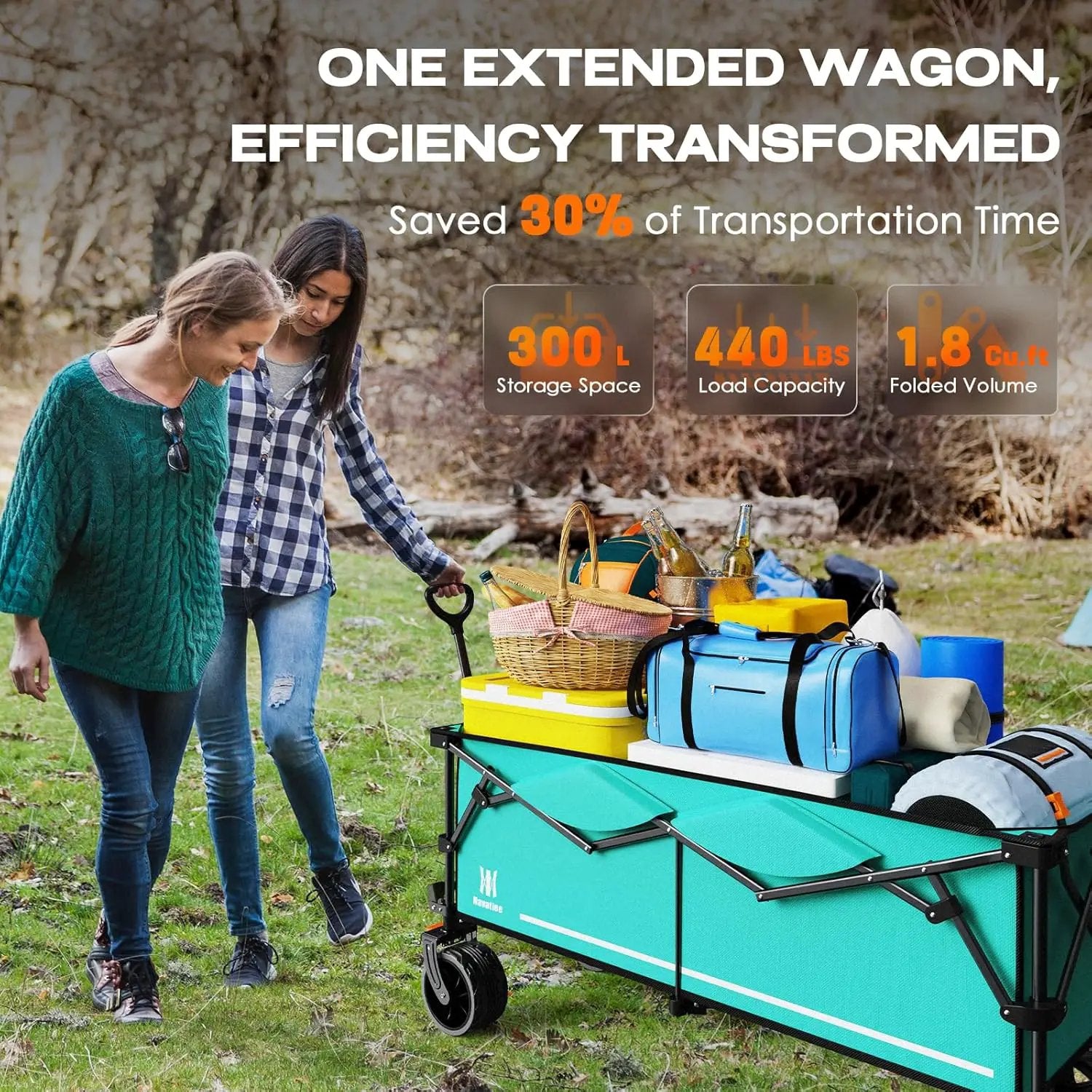 Navatiee 300L Collapsible Wagon Cart Foldable Extra Large, 48''L Folding Extended Beach Wagon with 440LBS Weight Capacity and Big All-Terrain Wheels, Heavy Duty Utility Garden Cart for Sports Outdoor by GreenHaven Gardens