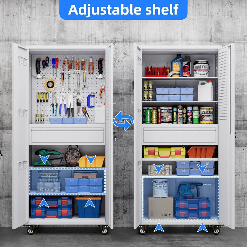 71" H Garage Storage Cabinet with Locking Doors and 2 Adjustable Shelves, Metal Tool Storage Cabinet with Wheels, Drawer, Pegboard and 16 Hooks for Garage, Warehouse, White by GreenHaven Gardens
