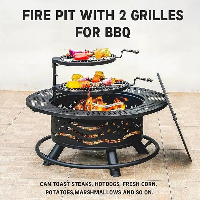 36 Inch Fire Pit with 2 Cooking Grates, Outdoor Wood Burning BBQ Grill Firepit Bowl with Cover Lid, Steel Round Table for Backyard Bonfire Patio Picnic (Black, 36IN) by GreenHaven Gardens