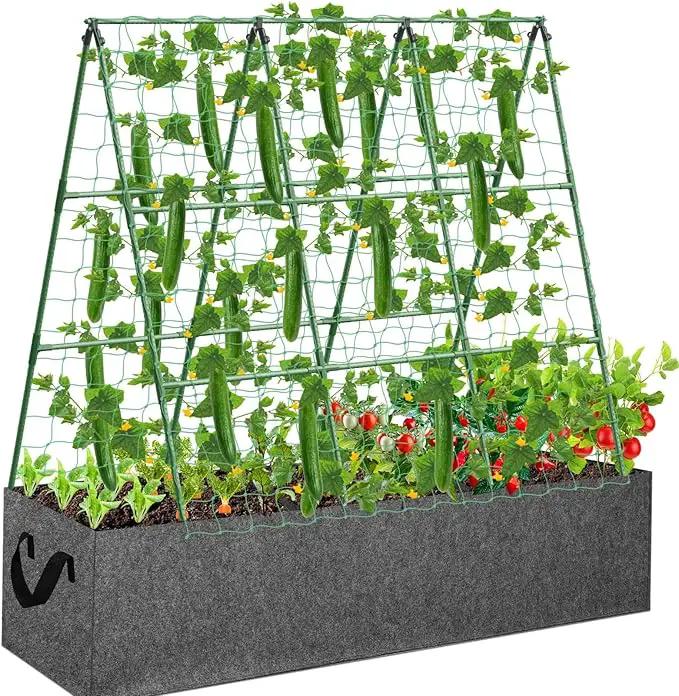 Cucumber Trellis for Garden, 45 x 53 Inches A Frame Outdoor Greenhouse Trellis with 46 Gallon Fabric Raised Bed, Climbing Net and Plant Support Clips for Climbing Plants by GreenHaven Gardens