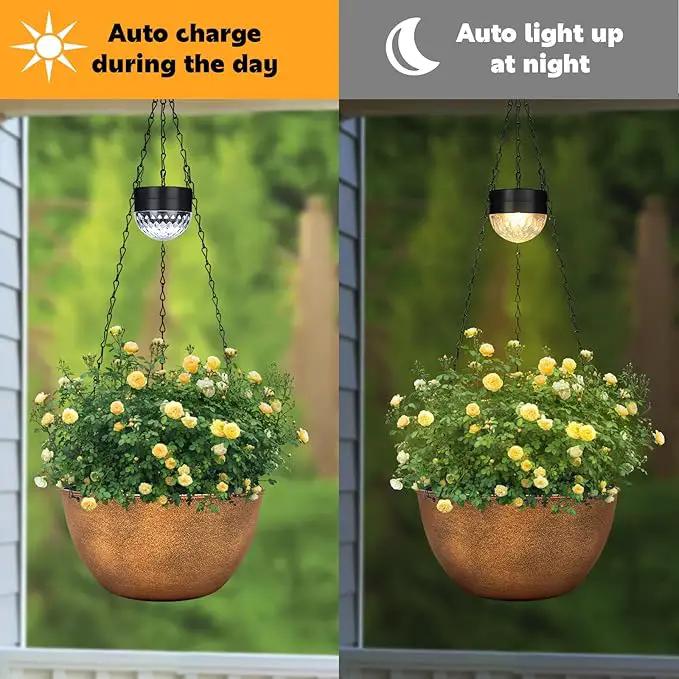 2 Packs Hanging Planters Basket for Outdoor Plants, Solar Powered Self Watering Bronze Round Plastic Flower Pots with Drainer for Balcony Patio Garden Outdoor Decoration by GreenHaven Gardens