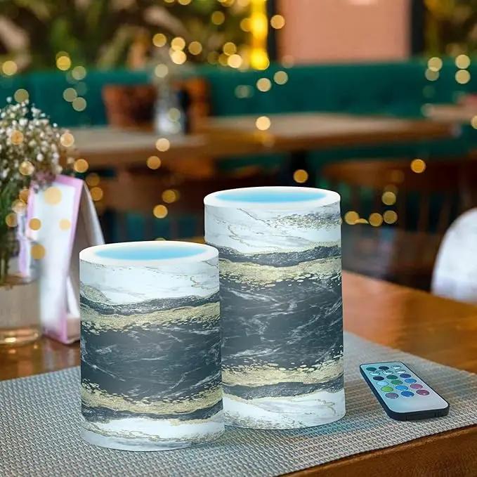 Flickering Flameless Candles, Black White Marble Gold Veins LED Candles with Remote Timer, Set of 2 Battery Operated Candle for Valentine Wedding Birthday by GreenHaven Gardens