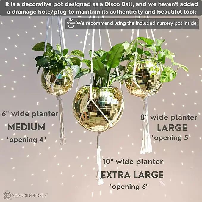 SCANDINORDICA Disco Ball Planter – Value Package: Mirror Disco Planter with Chain, Macrame Hanger and Acrylic Stand for Desk, Includes Self Watering Insert, Disco Decor | 8 inch Gold by GreenHaven Gardens